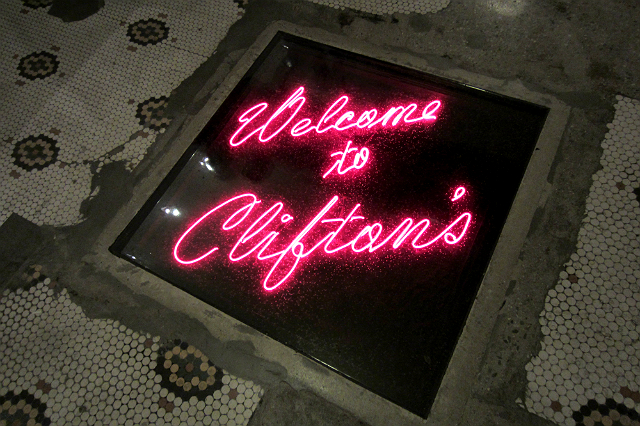"Welcome to Clifton's" neon sign