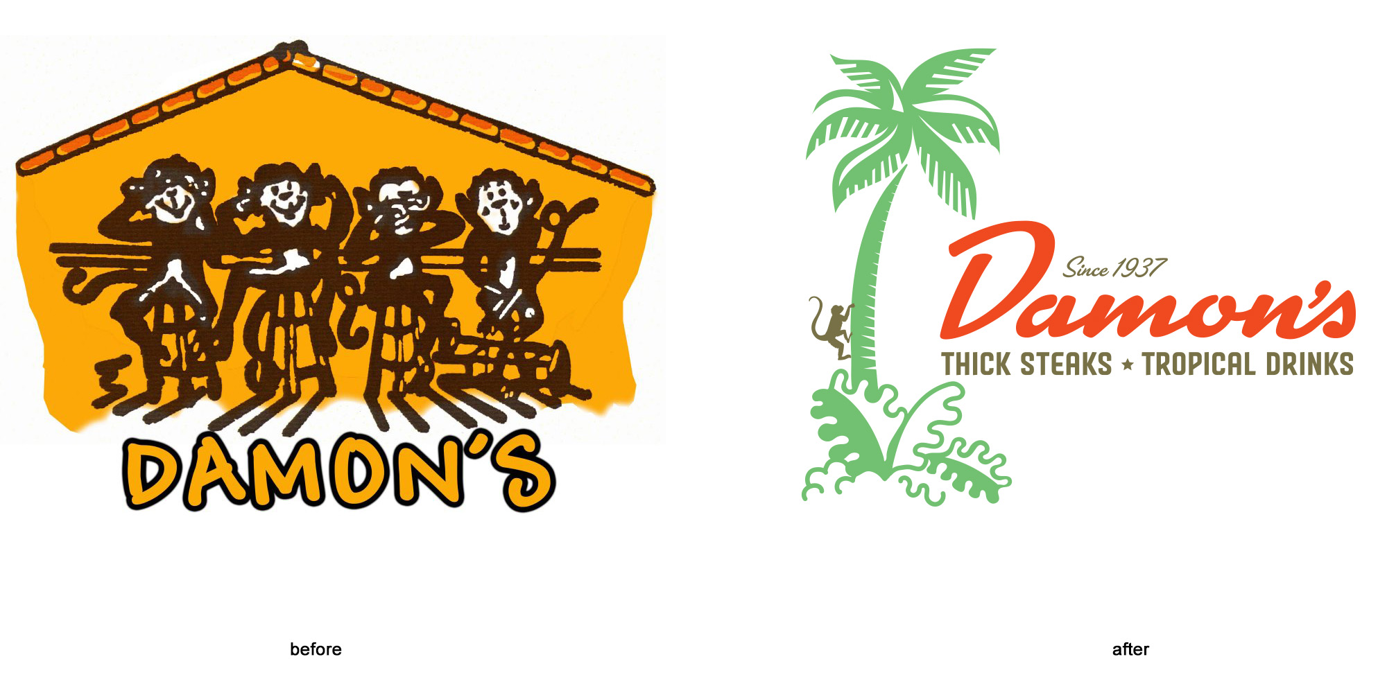 Before & after logos for Damon's in Glendale by Wexler of California